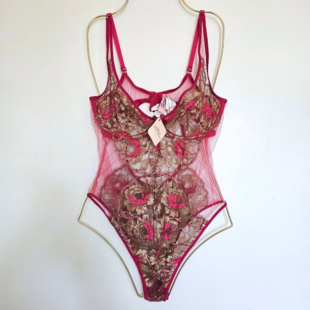 NWT! Agent Provocateur Lysianne Mesh Lace Bodysuit US8 M Fuchsia & Gold